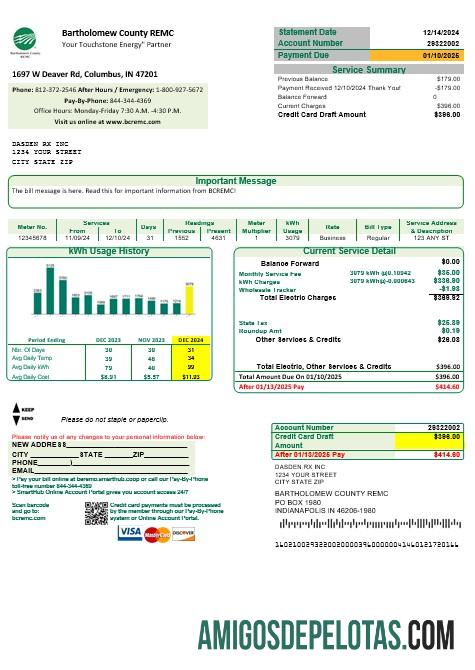 Em branco modelo de conta de serviços públicos REMC do condado de Indiana Bartholomew dos EUA em formatos Word e PDF